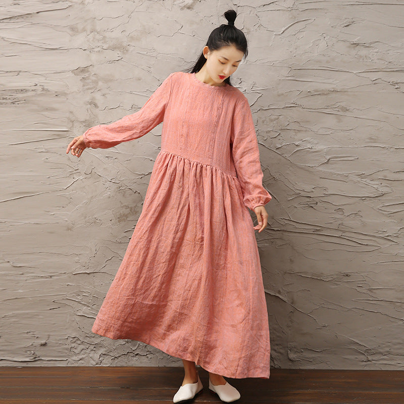 Yarn-dyed Linen Round Neck Lantern Sleeves Buttoned Back Loose Dress